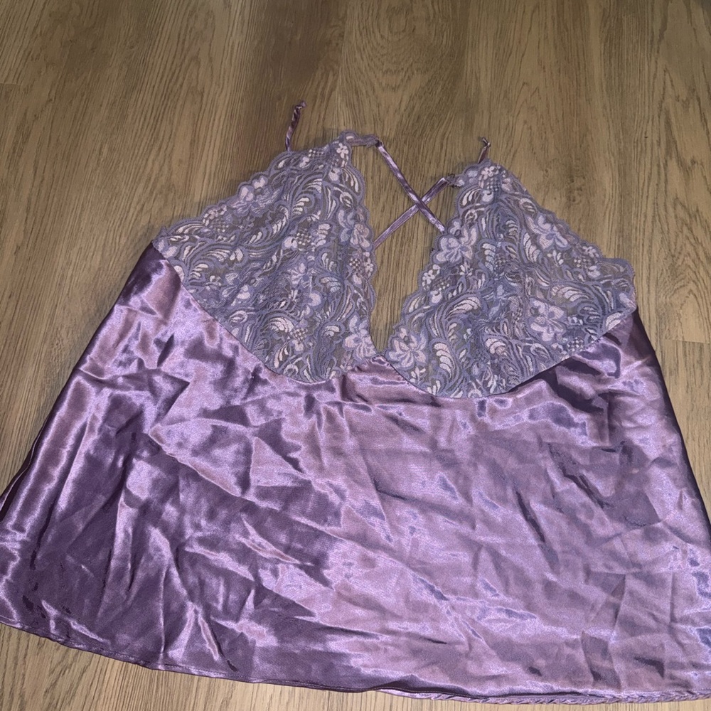 Lace-Trim Satin Chemise Camisole in Lavender